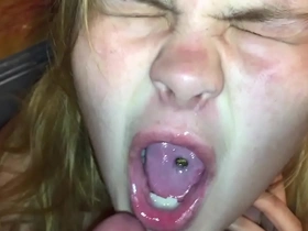 Sexy blonde smoking & licking her hard pink nipples takes huge cock raw & bareback making her pussy cum then sucking his cock dry getting a huge cum facial